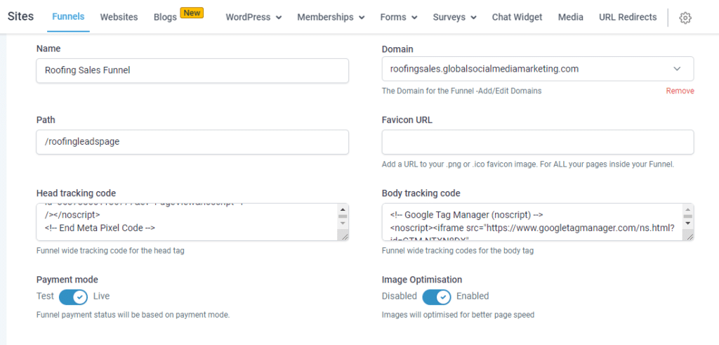 Funnel settings example