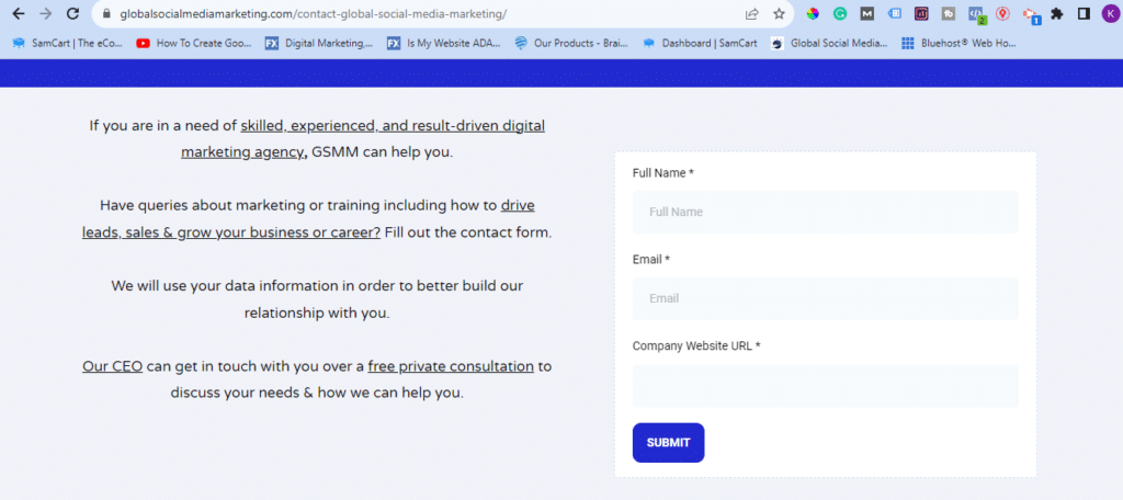 GSMM Contact Page Screenshot. 